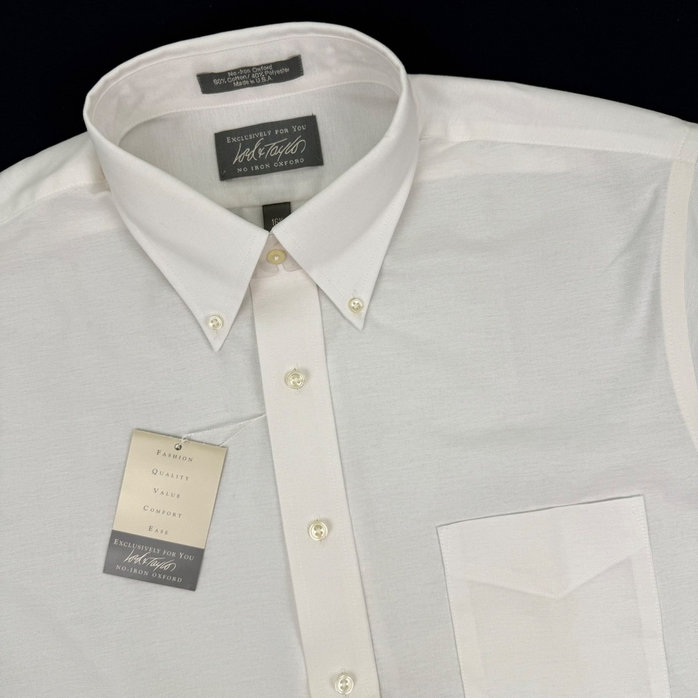 Lord & Taylor Vintage USA Mens L White Oxford Preppy Button Down Shirt 16.5‎ New